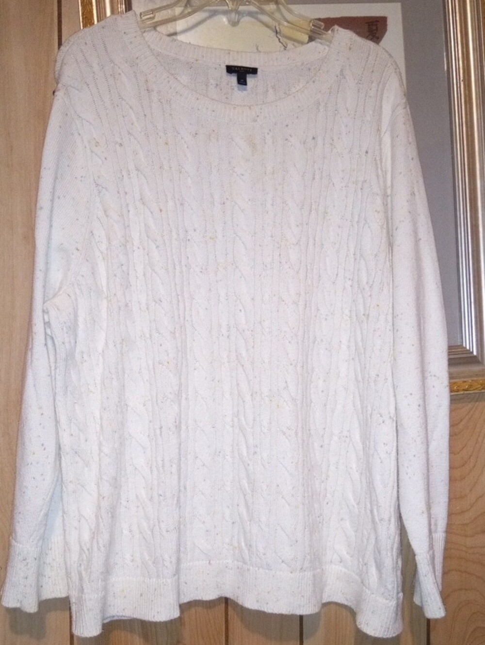 Talbots Cream Multi Color Speckled Cable-Knit Crewneck Sweater#button Cuff